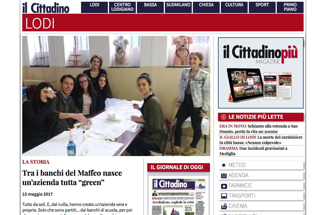 Gli studenti Green Jobs su Il Cittadino di Lodi con la startup